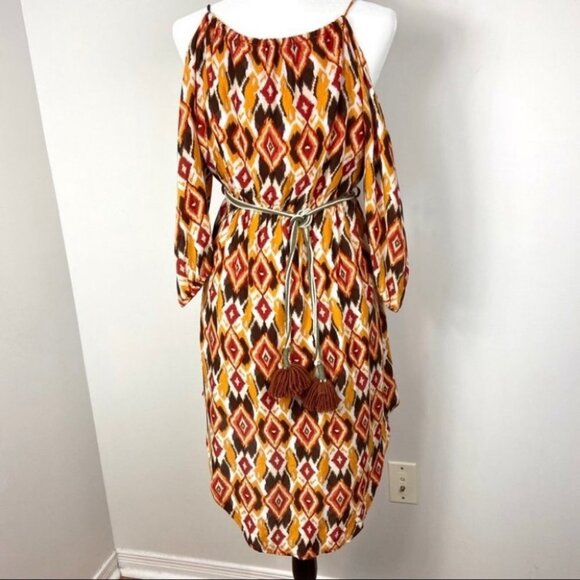 Umgee Bohemian Cold Shoulder Midi Dress Aztec Size Medium Tassel Hippie Boho M - Picture 2 of 7